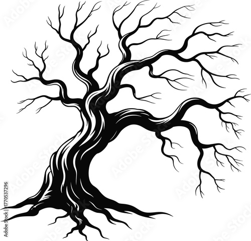 Black and white twisted leafless tree illustration, eerie spooky design with gnarled branches and roots, halloween forest silhouette art