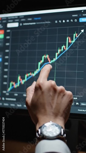 Hand points at a rising stock graph on a computer screen, wearing a watch