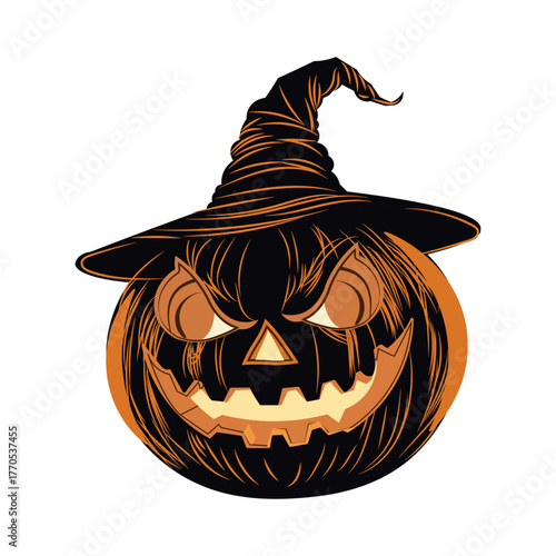 Evil Grinning Halloween Pumpkin with Witch Hat