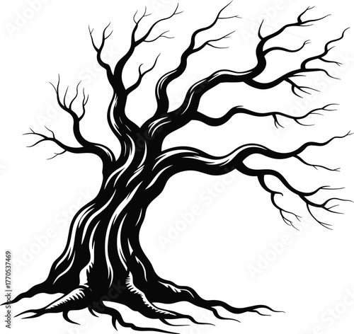 Black and white twisted leafless tree illustration, eerie spooky design with gnarled branches and roots, halloween forest silhouette art