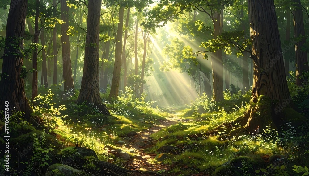 Fototapeta premium A sunlit trail winds through a vibrant forest, with sunlight filtering through the canopy