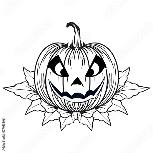 Spooky Jack-o'-Lantern Line Art with Autumn Leaves