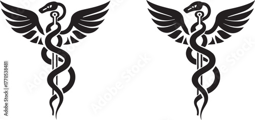 a vector graphic of two caduceus medical symbols, one in blue and the other in black against a white background