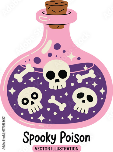 Cute spooky poison potion bottle illustration, pink and purple halloween magic elixir design with skulls and bones, vector artwork