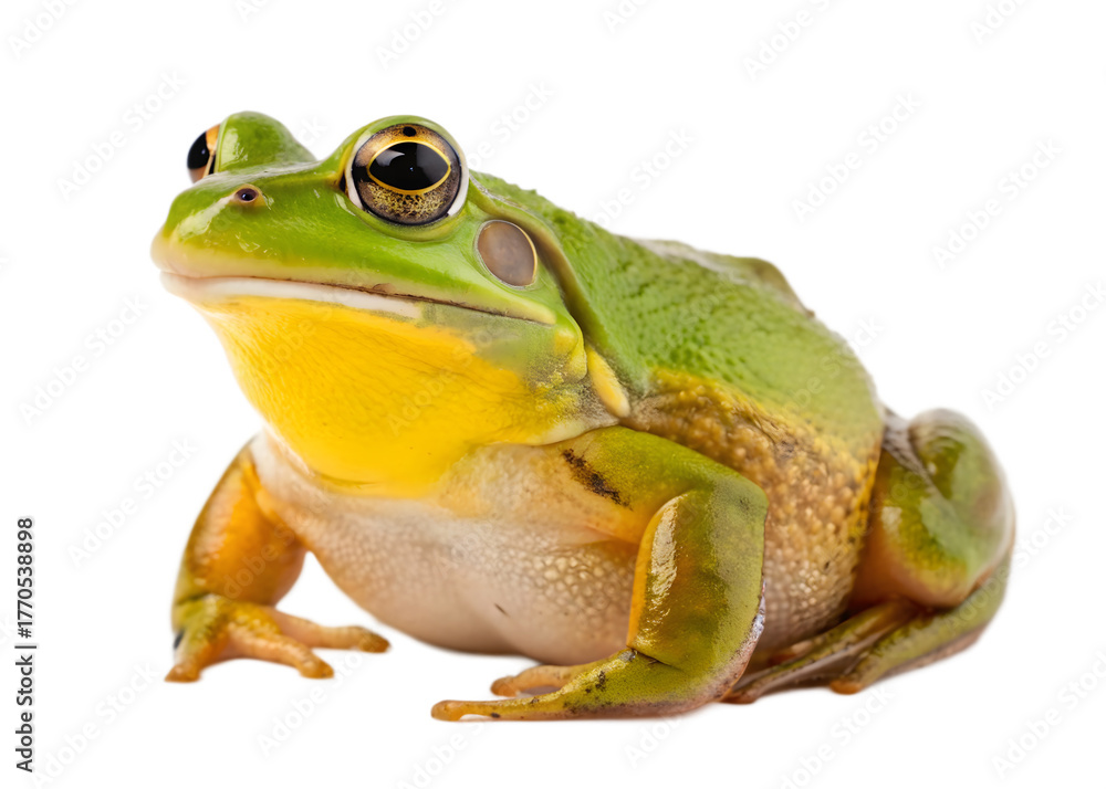 Fototapeta premium Green tree frog sitting isolated on transparent background, front view, close up