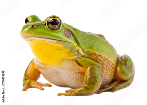 Green tree frog sitting isolated on transparent background, front view, close up