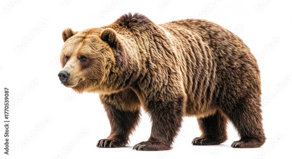 Fototapeta premium Brown bear, side profile, standing against a white background, fur detailed