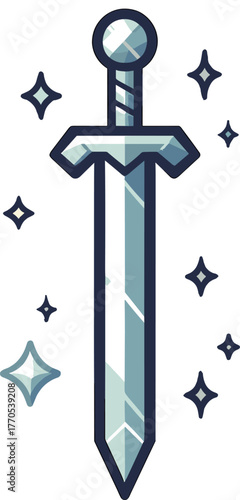銀色の輝くシンプルな剣のイラスト