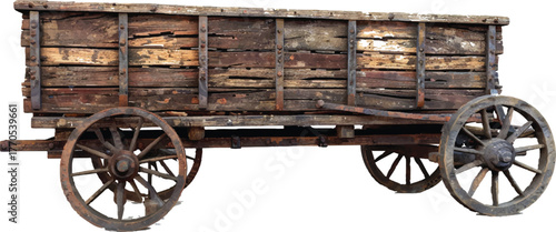 a wooden wagon with iron strips, on wheels, against a white background, hyper-realistic photography