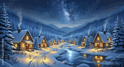 Beautiful night scene of a snowy  illustration