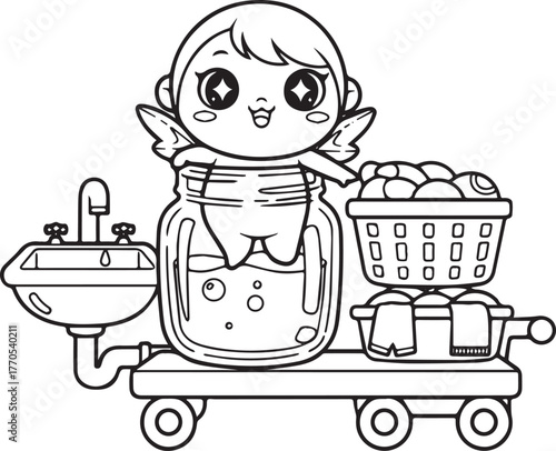 Whimsical fairy in a jar coloring page with sink and laundry bas