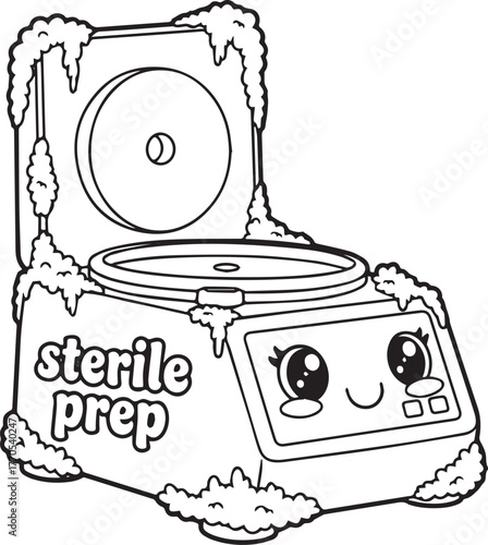 Adorable kawaii centrifuge cartoon with sterile preparation text