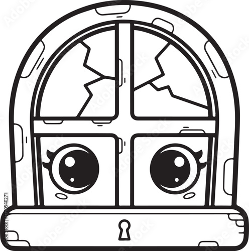 Whimsical Window Character with Cracked Glass and Playful Expres