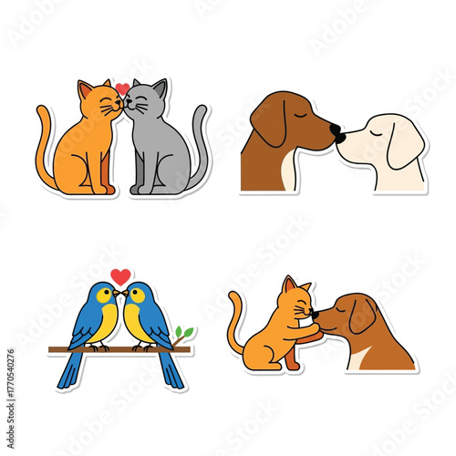 Four illustrations showing animal pairs kissing: cats, dogs, and birds, all with a cute, cartoonish style.