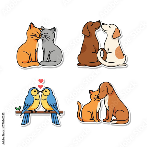 Four sticker-style illustrations showing affectionate animal pairs: cats, dogs, and birds, displaying love and friendship.