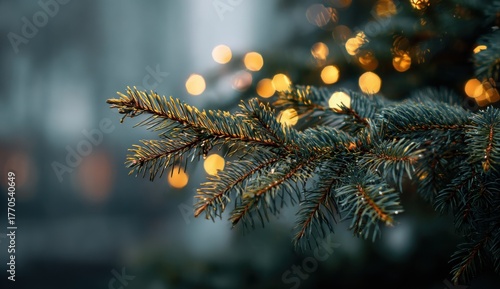 blurred background of green christmas tree branches with golden bokeh lights. abstract new year and winter holiday wallpaper banner. close-up of pine trees in a dark room