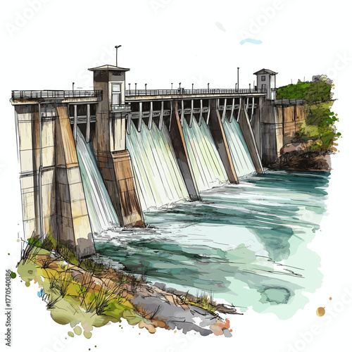 Itaipu Dam. Itaipu Dam hand drawn watercolor illustration