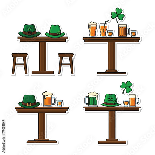 Four tables showcasing St. Patrick's Day items: hats, beer mugs, shot glasses, and shamrocks.