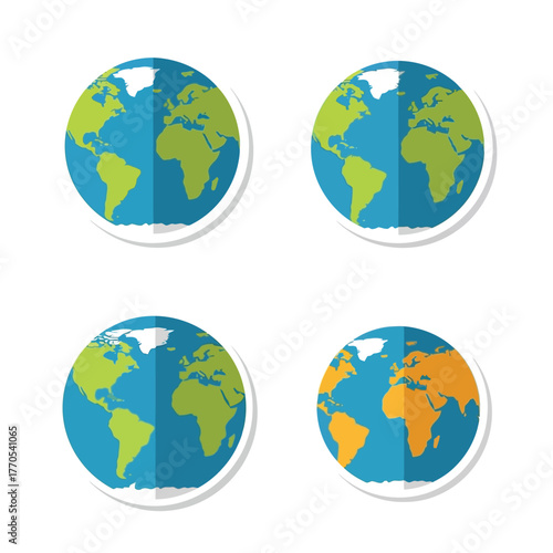 Four globe icons with different continents highlighted, showcasing earth's diverse geography and global representation.