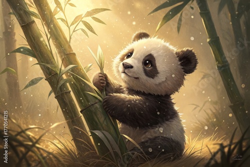 Cute Panda Cub Holding Bamboo Shoot in a Dreamy Woodland