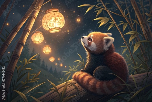 Cute red panda gazing up at the moon and glowing lanterns at night
