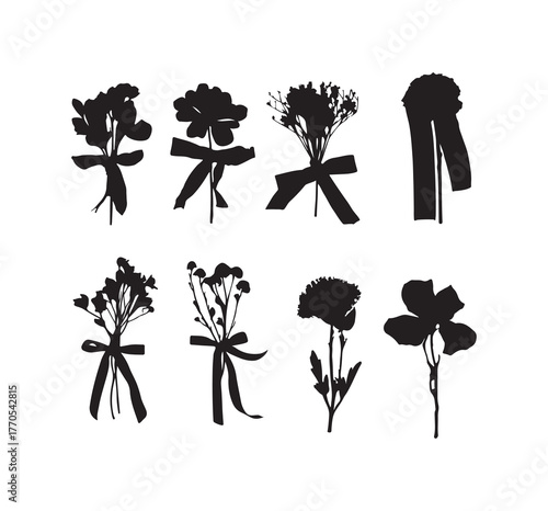 Silhouette of a bouquet of flowers on a white background

