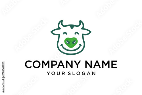 Happy Cartoon Cow Logo with Green Heart Nose