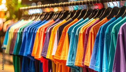Wallpaper Mural Plain t-shirts of different colors hang on a hanger, store interior blur Torontodigital.ca