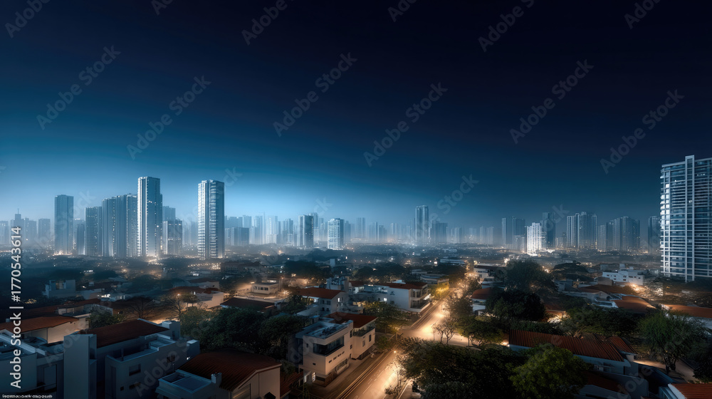 Fototapeta premium Panoramic view of modern city skyline at night with illuminated buildings, high rise towers, and residential area below