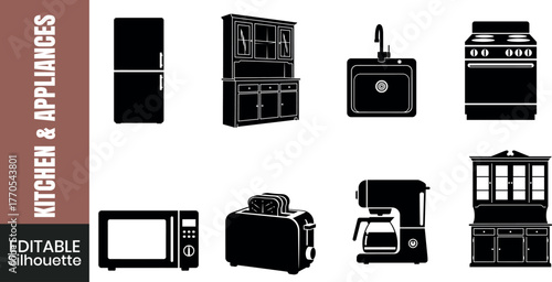 Collection of black silhouettes of kitchen appliances and furniture on a white background