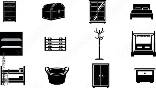 Collection of black and white furniture icons representing storage and organization solutions for home and office