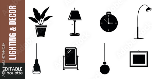 Collection of vector silhouette icons representing home lighting and decor elements for interior design inspiration