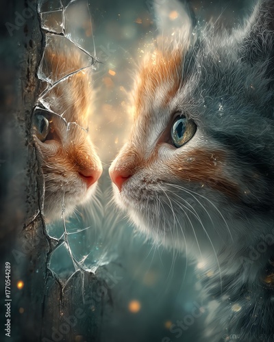 A reflective cat gazing into shattered glass, evoking curiosity.