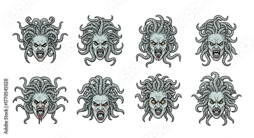 Angry medusa, medusa head vector, tattoo design serpent and medusa.