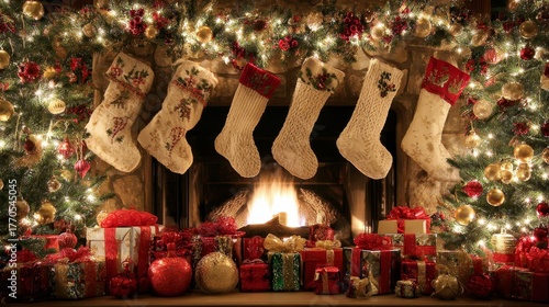 Cozy Fireplace with Christmas Stockings and Festive Decorations