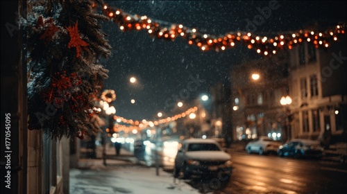Snowy Night Street with Holiday Lights and Decorations in City