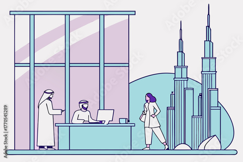 Middle Eastern Business Professionals in Modern Office with Cityscape View.