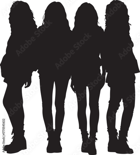 Four Silhouetted Young Women Standing Together in Casual Clothing on a White Background group people