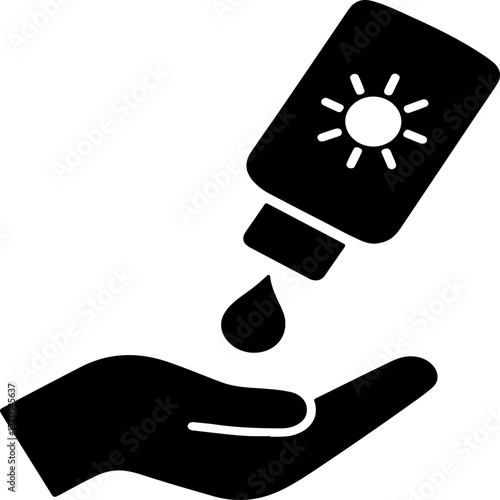 Simple black and white silhouette icon of a hand holding an open palm with a drop of sunscreen falling from a bottle with a sun symbol on it representing sun protection and skincare