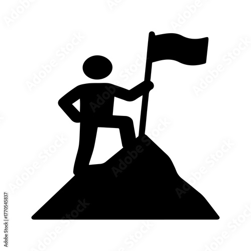 Silhouette of a determined stick figure person standing triumphantly on a mountain peak holding a waving flag symbolizing achievement success and reaching goals