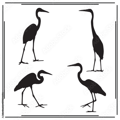 Set of Black Silhouetted Herons - Various Poses including Standing, Walking, and Stalking - Vector Icons for Birds, Nature, and Wildlife