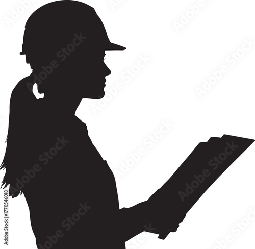 Silhouette of a female construction worker in profile holding a clipboard or folder on a white background