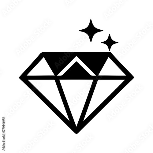 A simple bold black silhouette of a classic faceted diamond gemstone with three sparkling starbursts above representing luxury brilliance and precious value ideal for graphic design and conceptual use