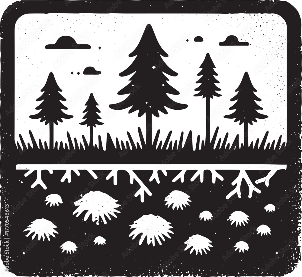 Obraz premium Black and White Illustration of Forest Trees Above and Below Gro