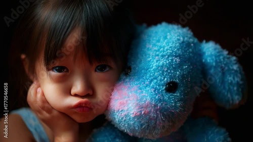 An adorable child cherishes a fluffy blue puppy toy, showcasing an expression of warmth and playfulness that captures the innocence of childhood and the bond with beloved stuffed animals.
