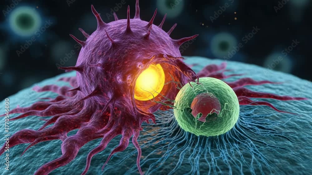 Closeup of a cancer cell attacking a healthy cell in the human body ...