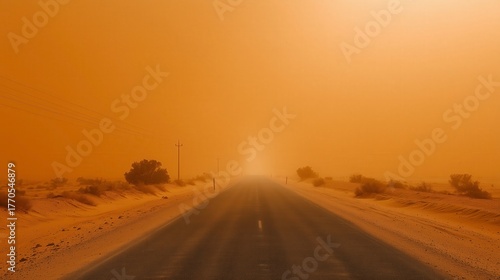Wide shot of a deserted desert road completely obscured by a massive sandstorm and orange dust haze