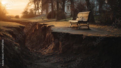 Wide shot of a deserted park bench perilously close to the edge of an eroded cliff after heavy rain and soil collapse