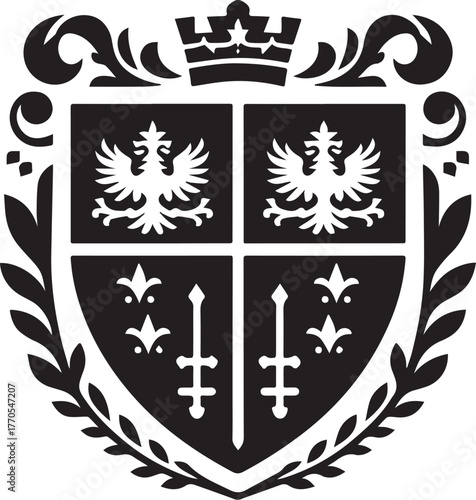 Heraldic Crest in Black and White Depicting Eagles, Swords, and