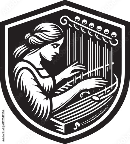Illustration of a woman playing a harp inside a shield emblem in